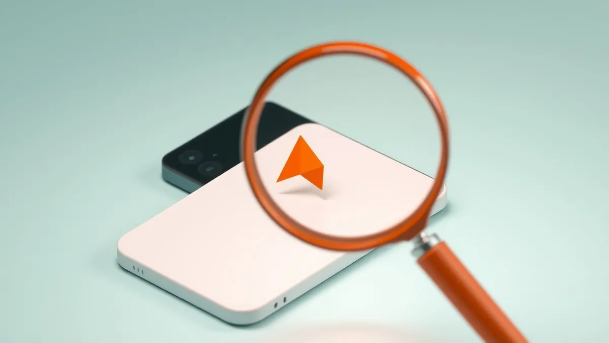 Illustration: A magnifying glass hovers over a blank smartphone screen, highlighting a small red crack in the glass.