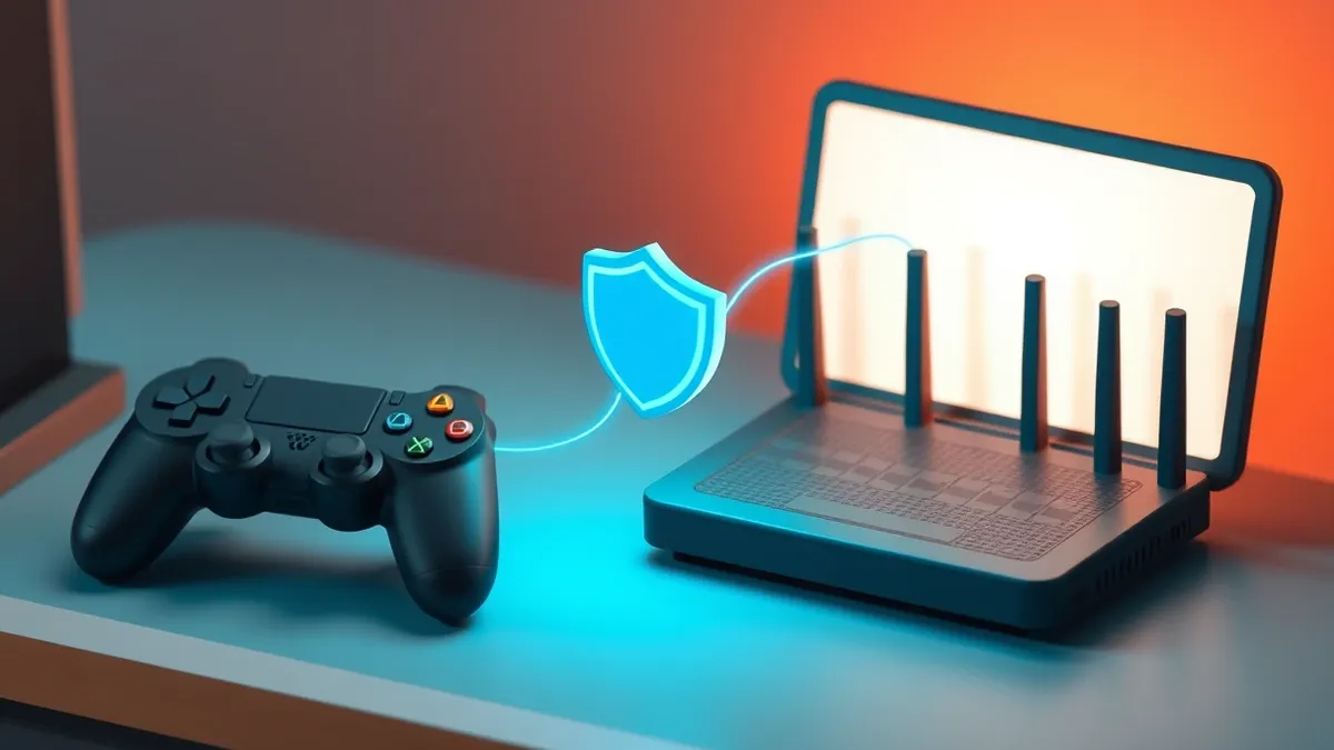 Illustration: A black game controller rests on a desk next to an open router.