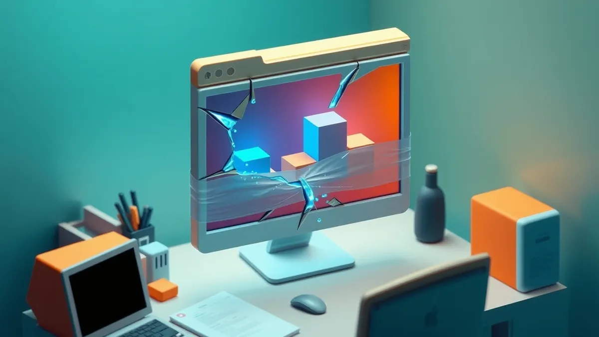 Illustration: A sleek chrome browser window floats above a cluttered desk, its frame cracked with jagged fissures leaking glowing blue data particles.