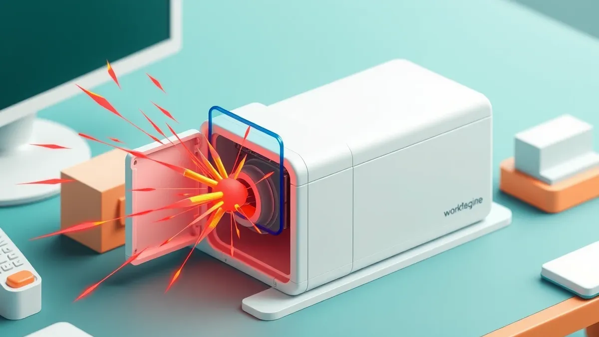 Illustration: A sleek white workflow engine box sits on a desk with its side panel removed.