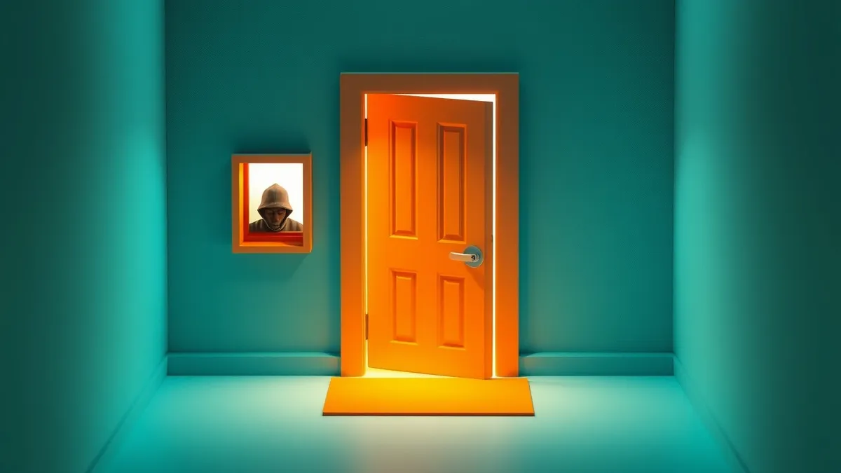 Illustration: A sturdy locked door stands at the end of a clean hallway.