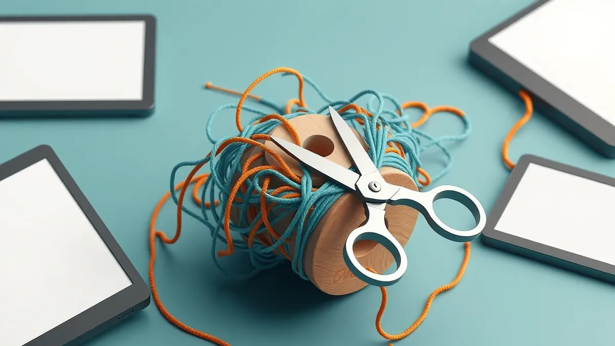 Illustration: A tangled web of colorful yarn strands wraps around a sturdy wooden spool, with several loose ends hanging dangerously close to a sharp pair of metal scissors.