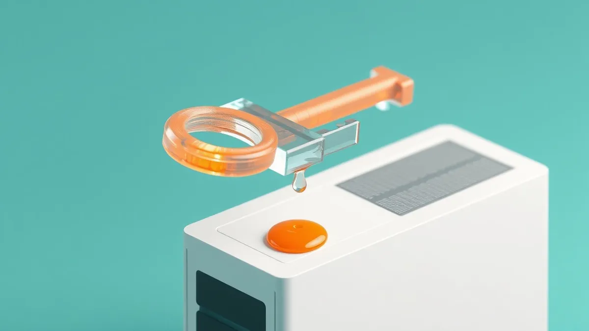 Illustration: A translucent glass key floats mid-air above a sleek, metallic cloud server.