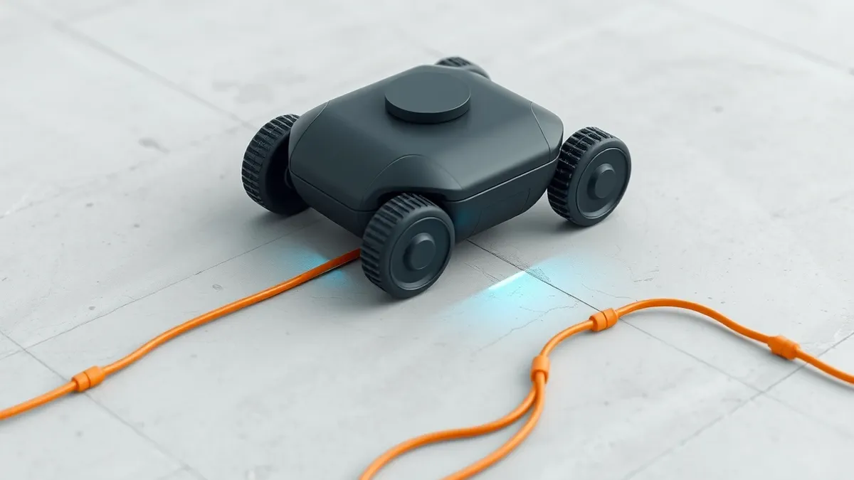 Illustration: A sleek, matte-black autonomous robot with a single optical sensor glides across a sterile concrete floor.
