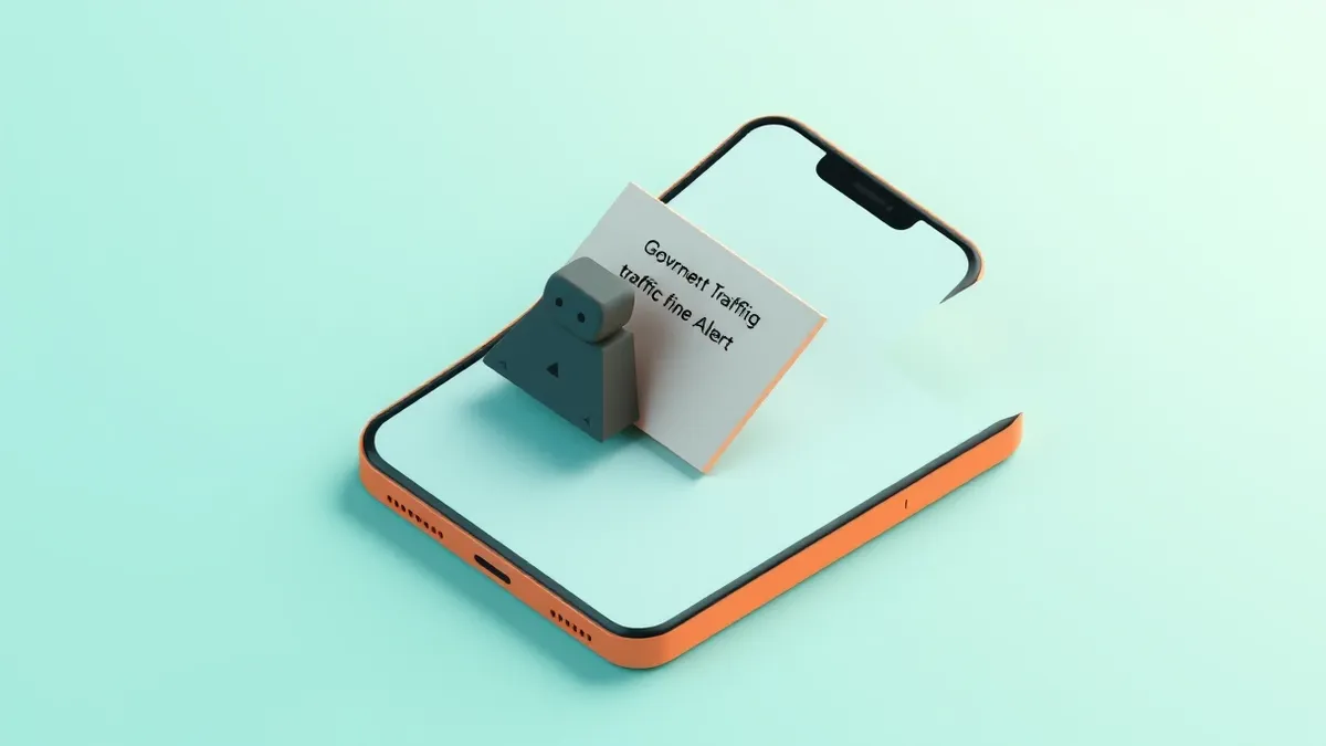 Illustration: A smartphone rests on a plain surface, displaying a blank notification that mimics a government traffic fine alert.