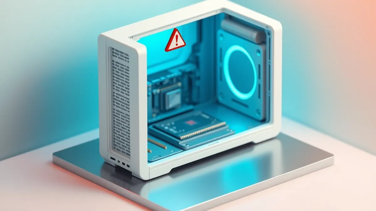 Illustration: A sleek white server chassis sits open on a clean desk, its internal components glowing with soft blue light.