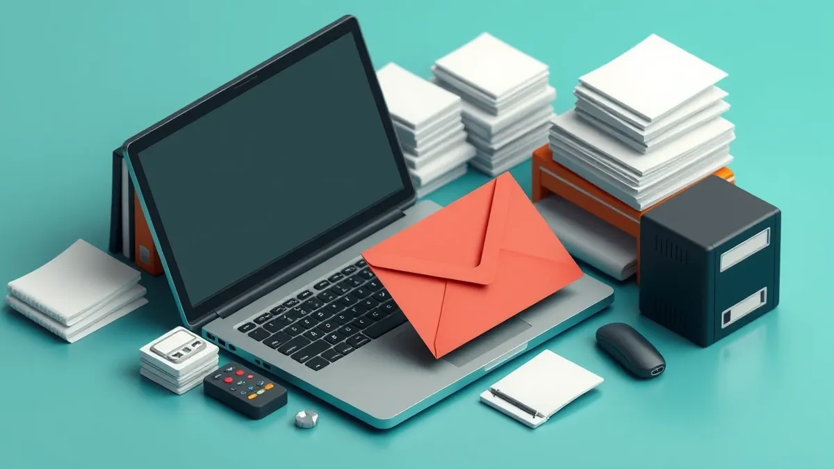 Illustration: A cluttered office desk holds a sleek laptop and a stack of blank white papers.