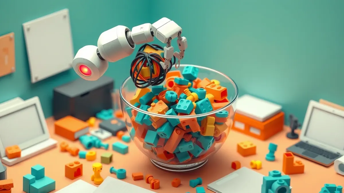 Illustration: A robotic arm hovers over a cluttered desk, dropping tangled bundles of colorful plastic building blocks into a large, transparent mixing bowl.