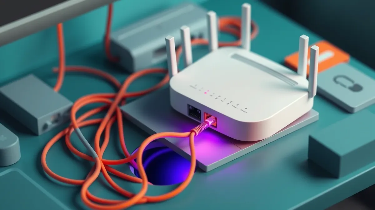 Illustration: A white home router sits on a cluttered desk with tangled ethernet cables trailing off the edge.