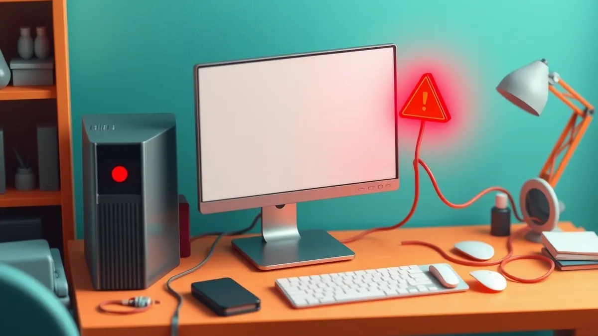 Illustration: A sleek desktop computer sits on a cluttered home desk, its monitor displaying a blank white screen with a single red warning triangle icon.