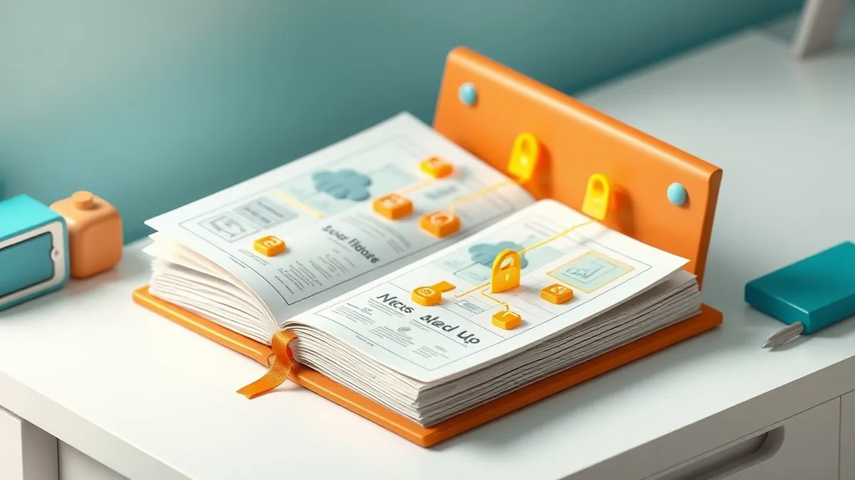 Illustration: A thick leather-bound rulebook rests on a clean white desk, its pages open to reveal intricate blueprints of cloud architecture.