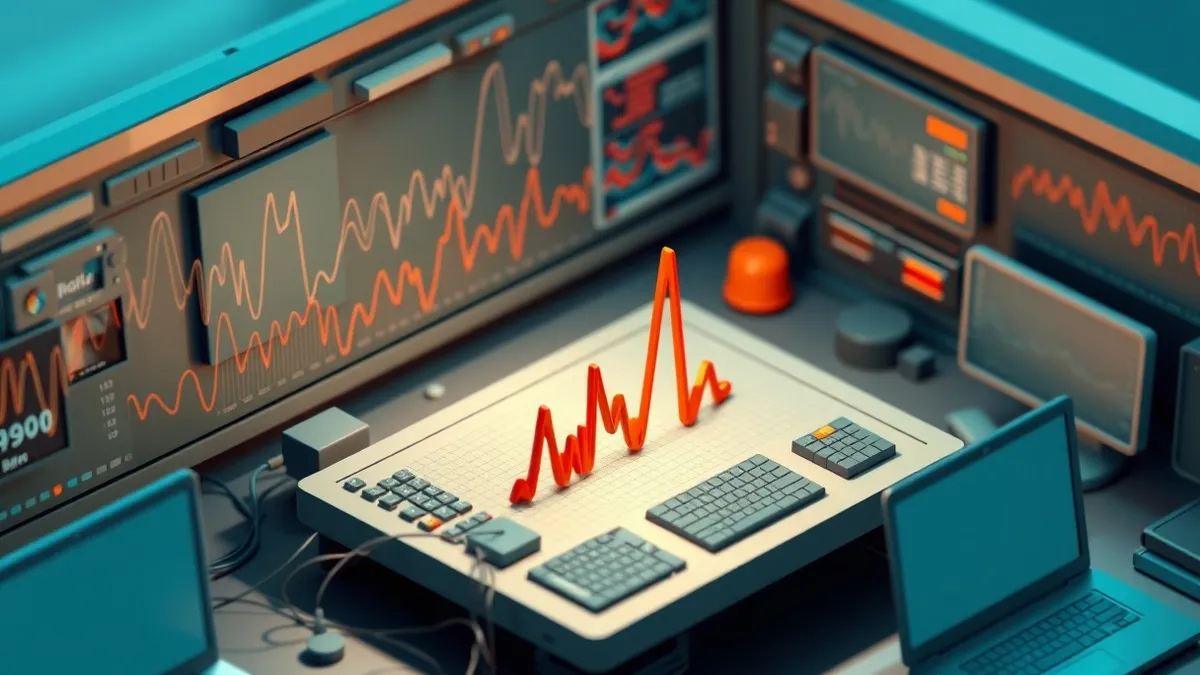 Illustration: A cluttered network security console displays overlapping abstract waveform patterns and jagged alert spikes.