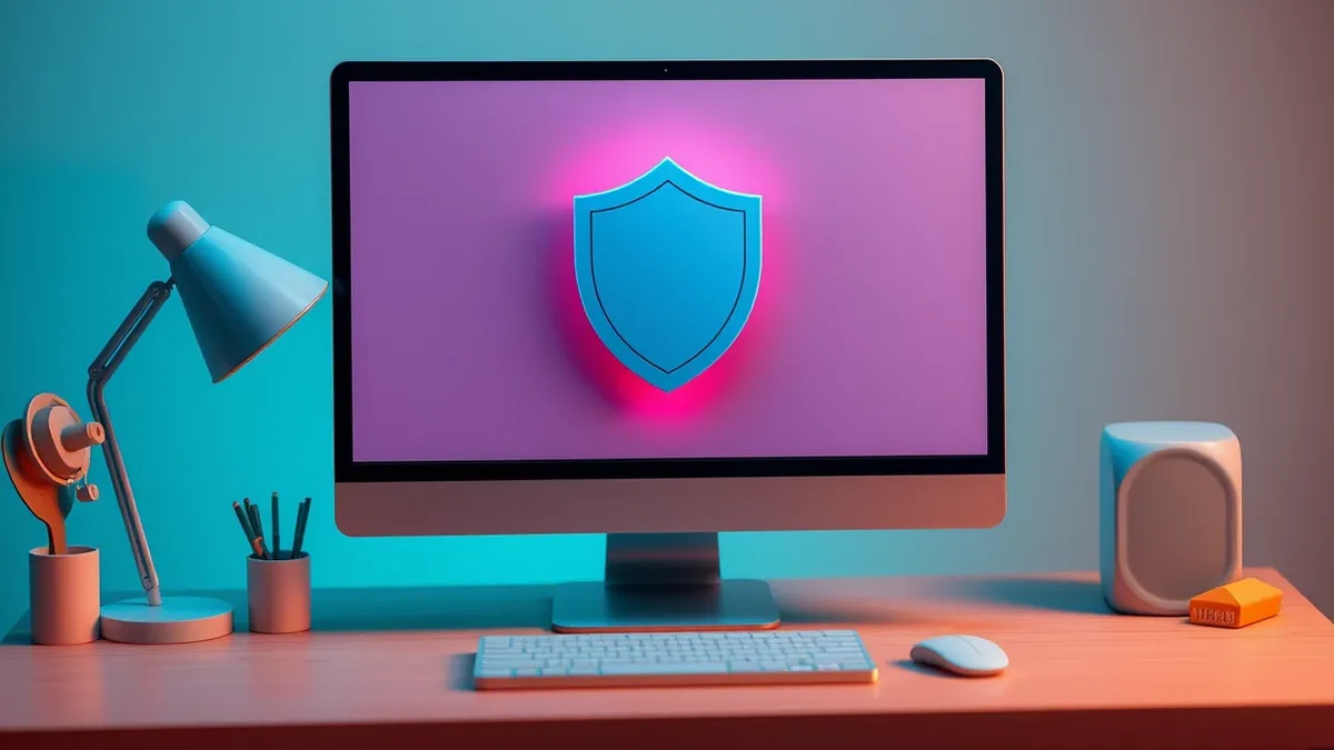 Illustration: A sleek desktop computer monitor sits on a clean wooden desk.