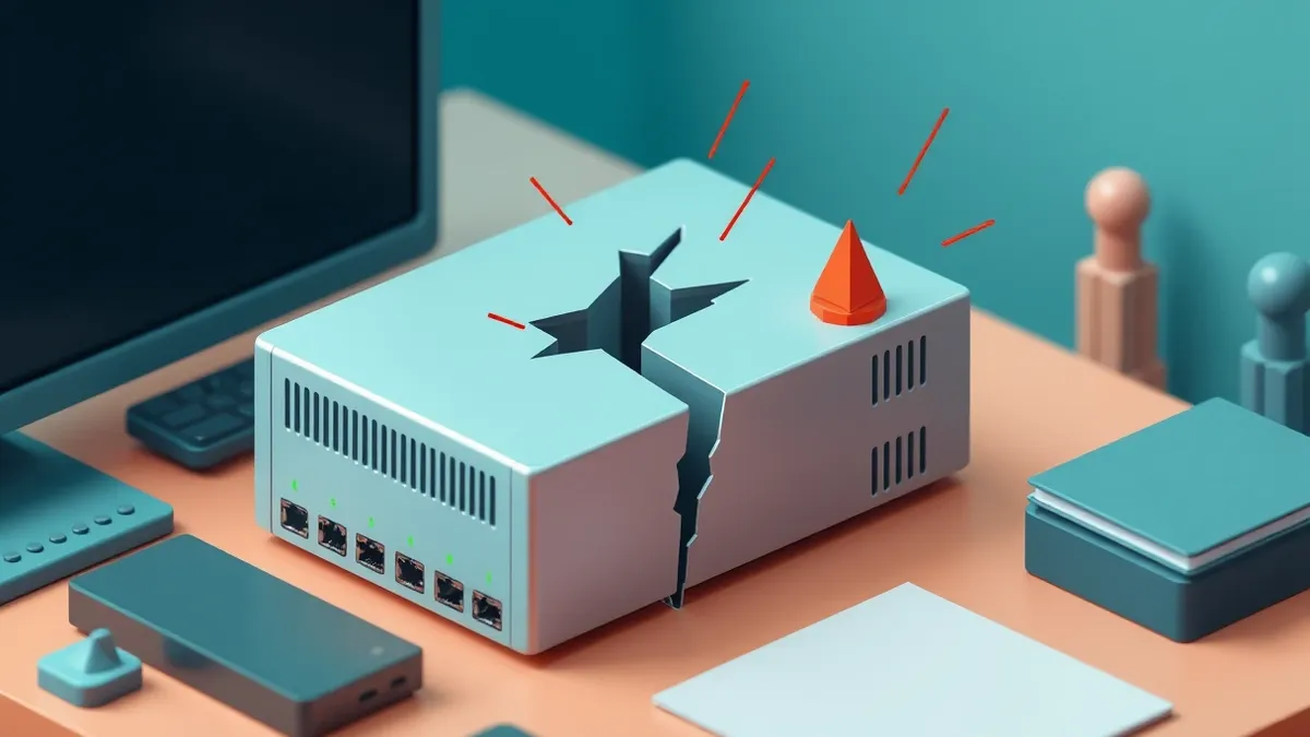 Illustration: A sleek silver network appliance with blinking status lights sits on a desk, while a jagged digital crack splits through its metal casing.