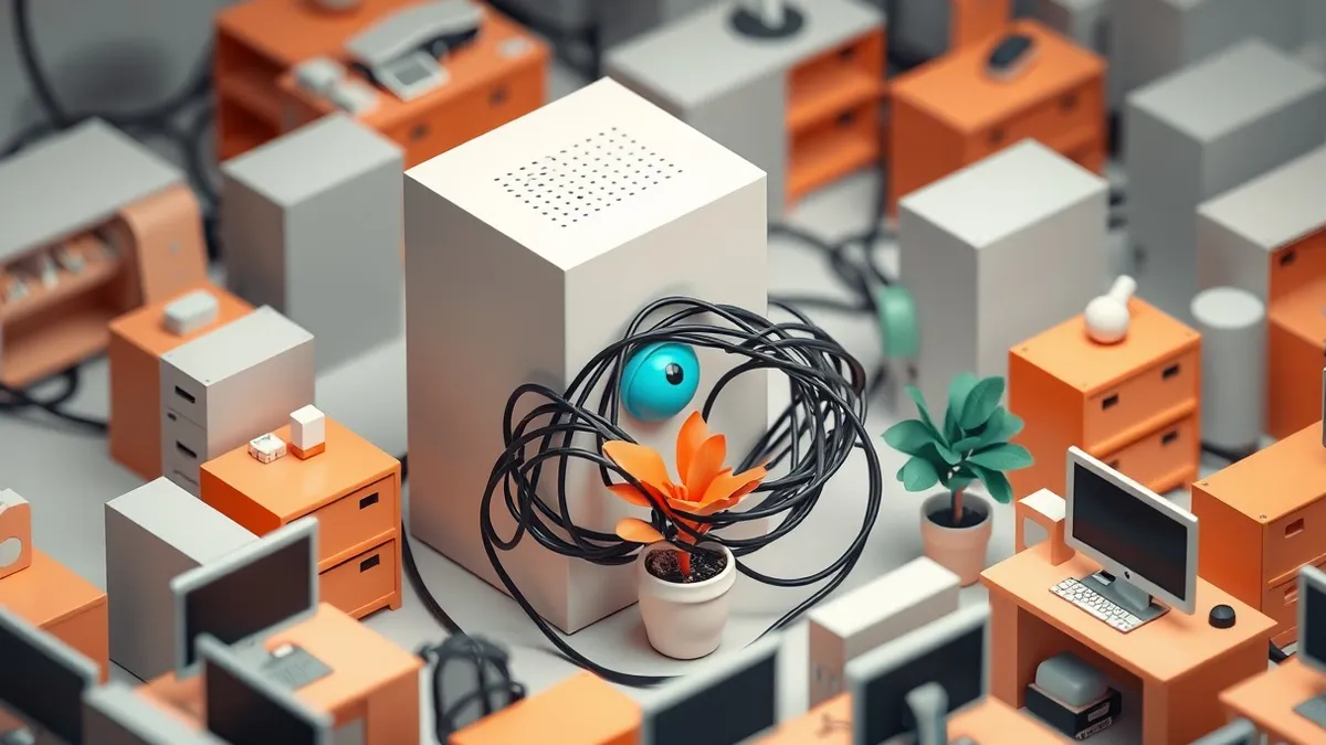 Illustration: A tangled knot of thin black wires emerges from a blank white server box, weaving through a maze of generic office furniture.