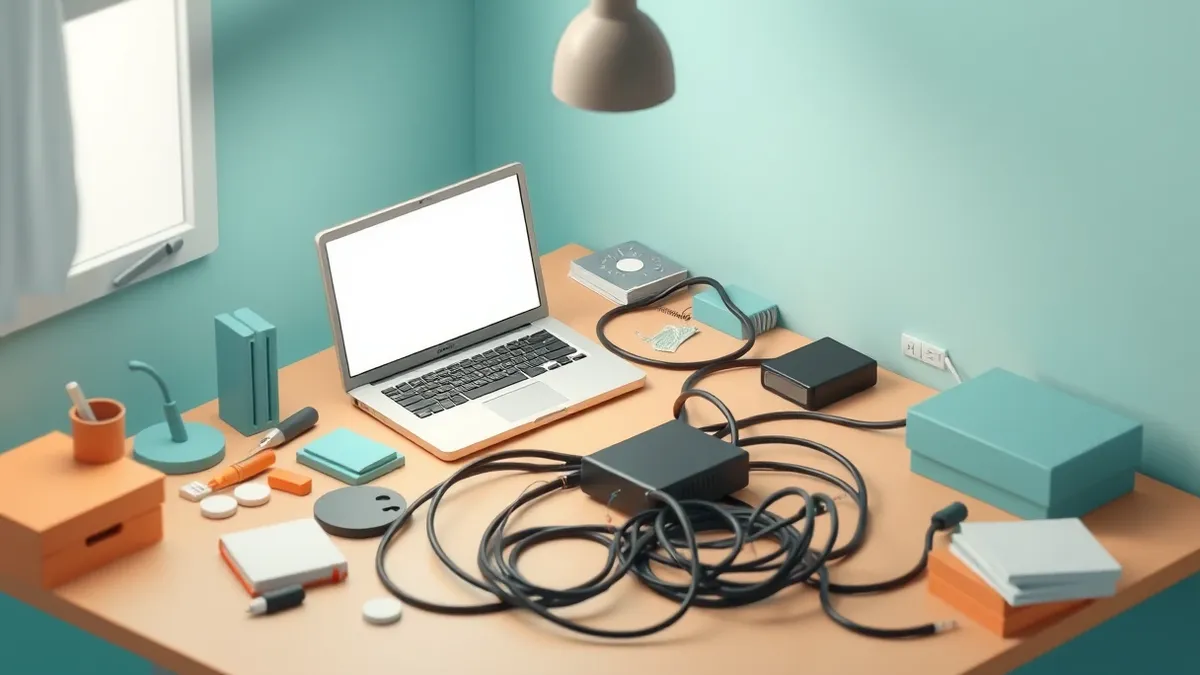 Illustration: A cluttered home office desk sits in disarray under harsh overhead light.