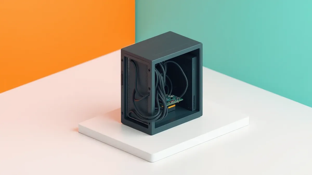 Illustration: A single web server sits isolated on a clean white surface with its side panel removed.