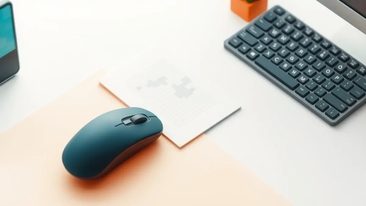 Illustration: A sleek black computer mouse rests beside a keyboard on a clean white desk.