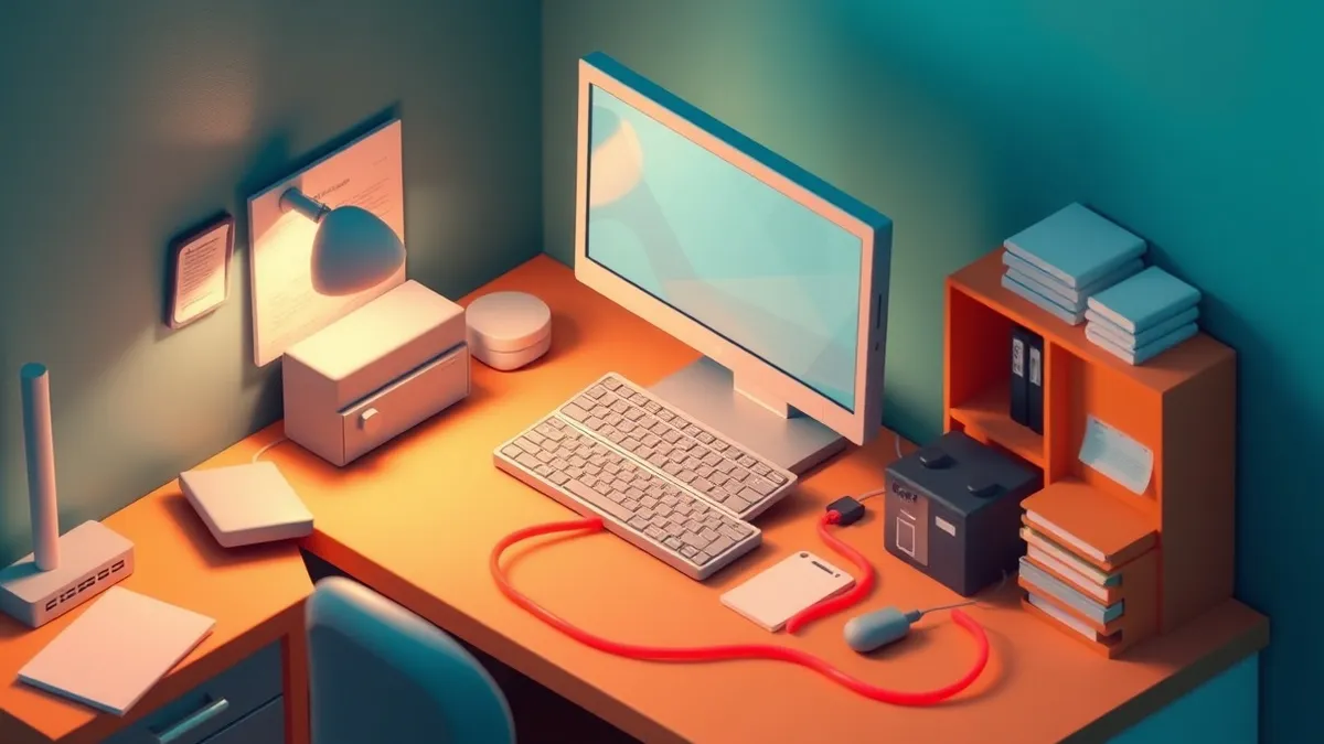Illustration: A sleek desktop computer sits on a cluttered office desk, its screen displaying only soft, abstract geometric shapes.