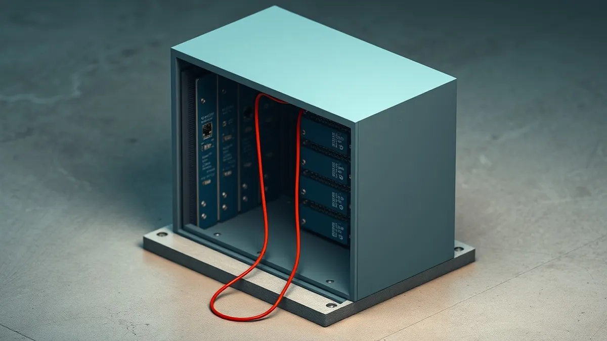 Illustration: A sleek server box sits isolated on a concrete floor, its side panel removed to expose empty blue circuit boards.