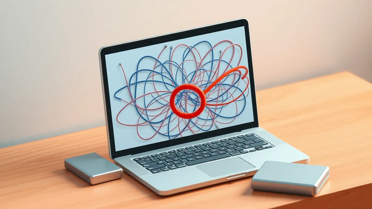 Illustration: An open laptop sits on a wooden desk with its screen displaying a complex web of abstract blue and red lines.