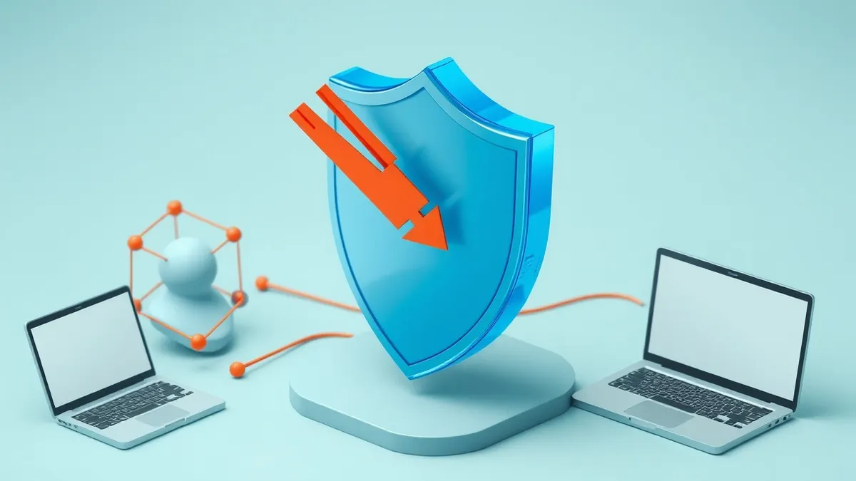 Illustration: A floating three-dimensional shield made of translucent blue glass hovers between two abstract geometric network nodes.