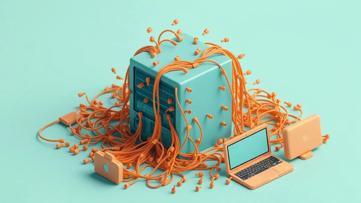 Illustration: A small web server sits overwhelmed by thousands of tiny, unfinished connection threads clinging to its ports like persistent vines.