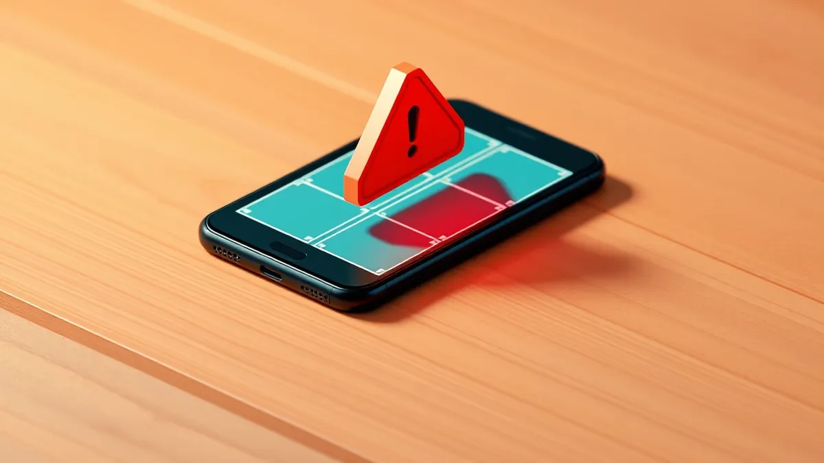 Illustration: A sleek black smartphone rests on a wooden table, displaying a photo gallery app interface with blank image placeholders.