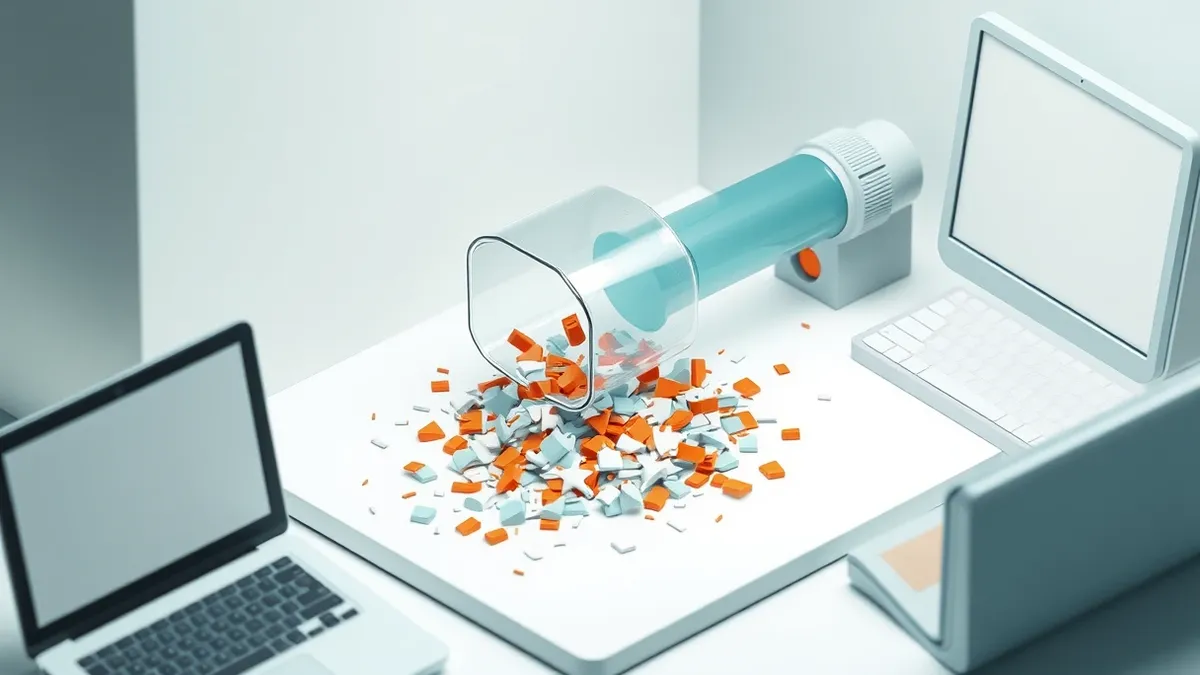 Illustration: A translucent, cracked glass tube representing a network socket sits on a sterile white surface.
