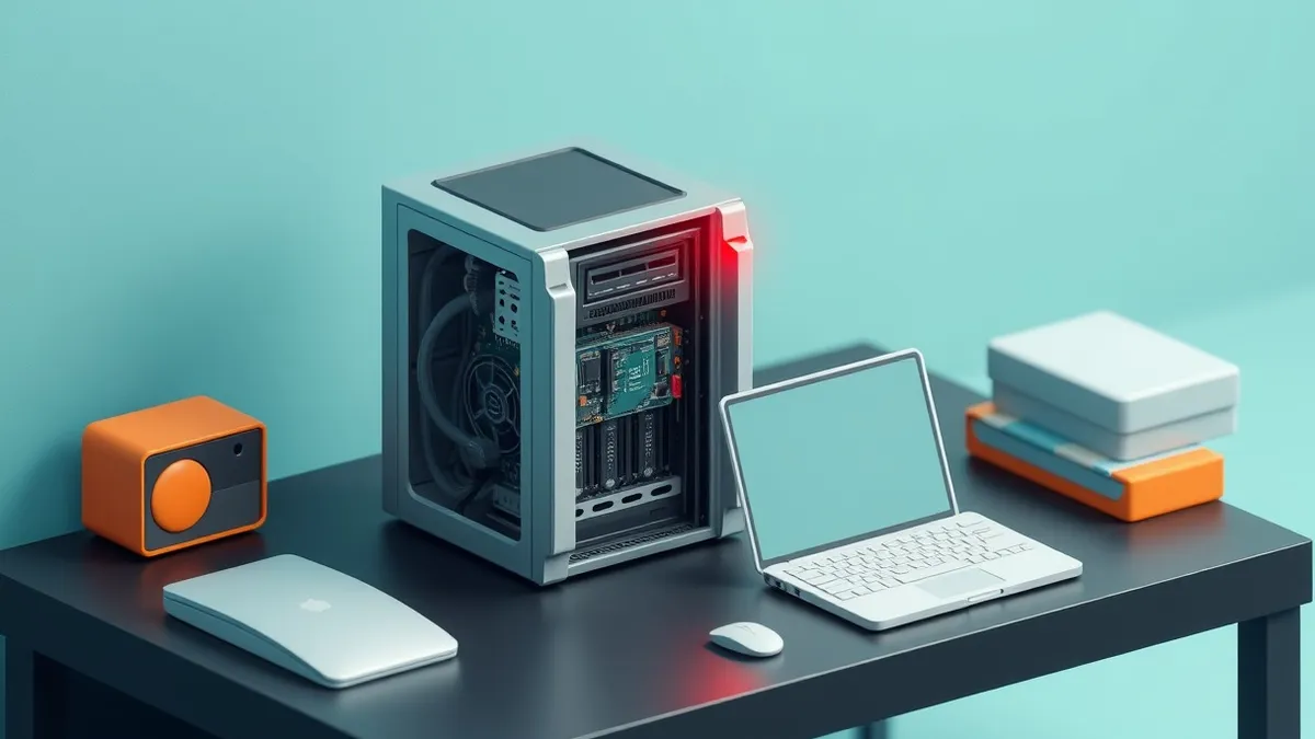 Illustration: A sleek, silver network server sits on a dark desk with its front panel open.