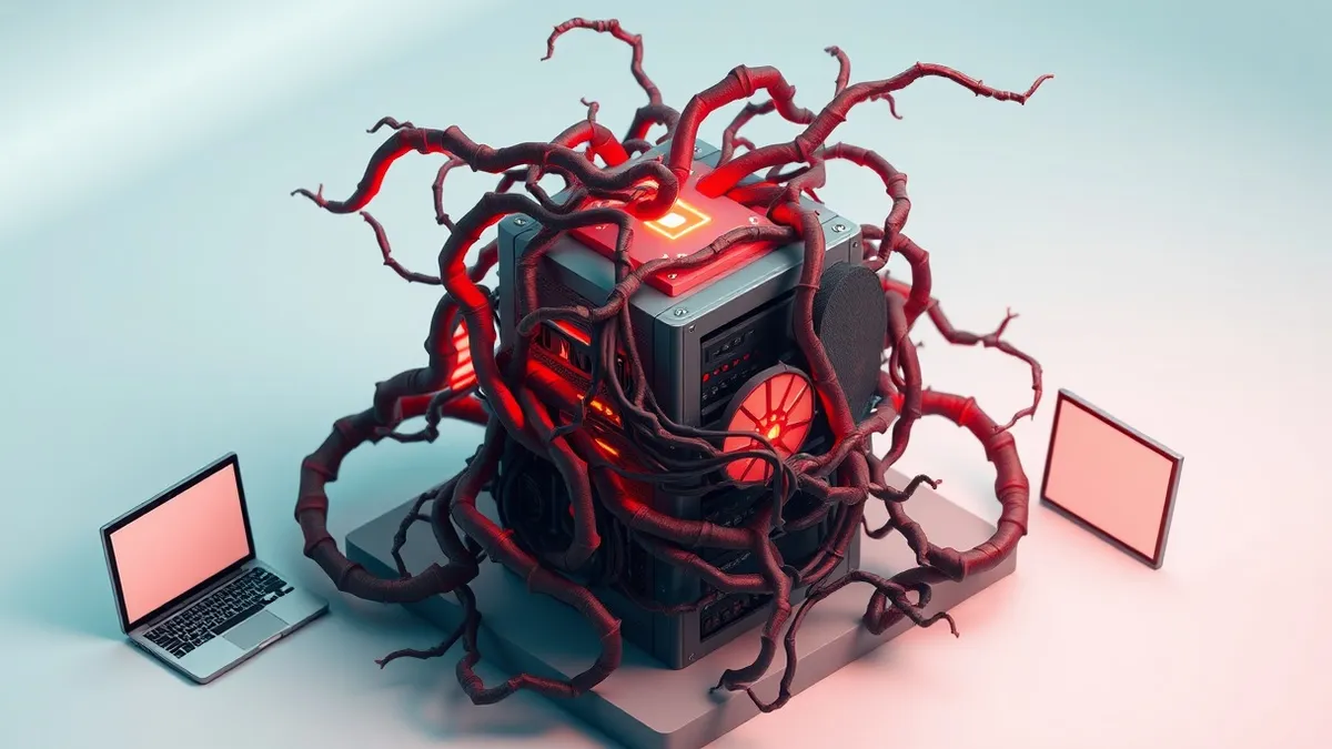 Illustration: A tangled mass of dark, jagged digital vines wraps tightly around a central server node, constricting its glowing core.