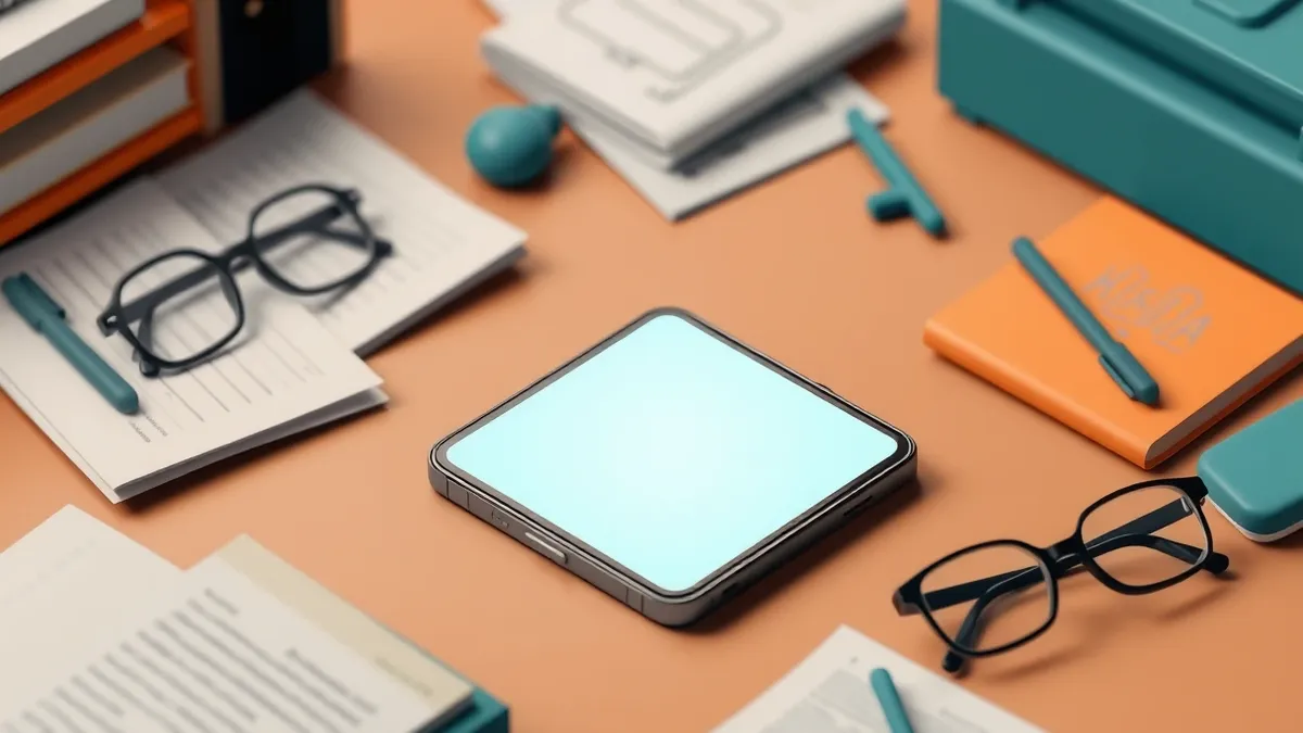 Illustration: A sleek smartphone rests on a cluttered university desk, its blank screen casting a cool glow on scattered papers and a pair of glasses.