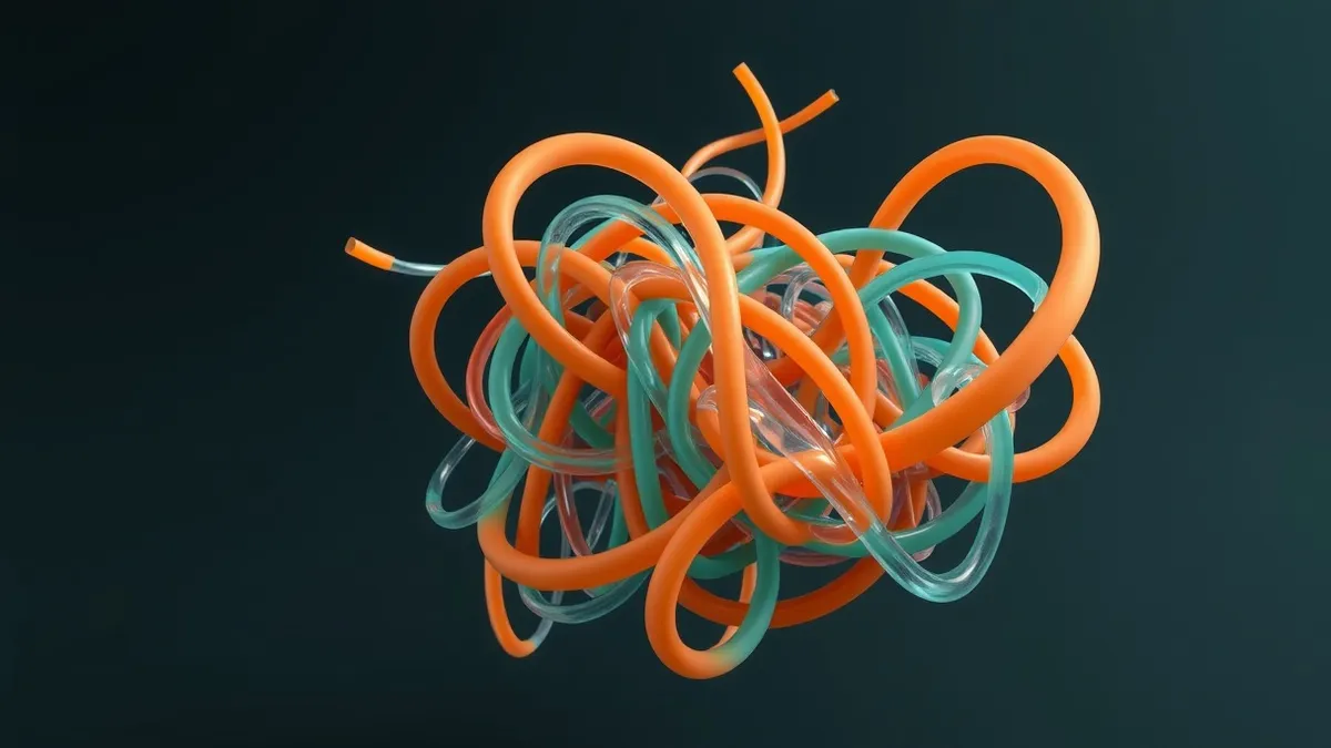 Illustration: A tangled knot of translucent colored tubes floats in dark space, revealing intricate internal patterns and hidden structures within the chaotic mass.