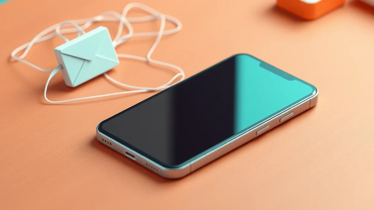 Illustration: A sleek smartphone rests on a wooden desk, its blank screen reflecting a distorted, fractured geometric shape.