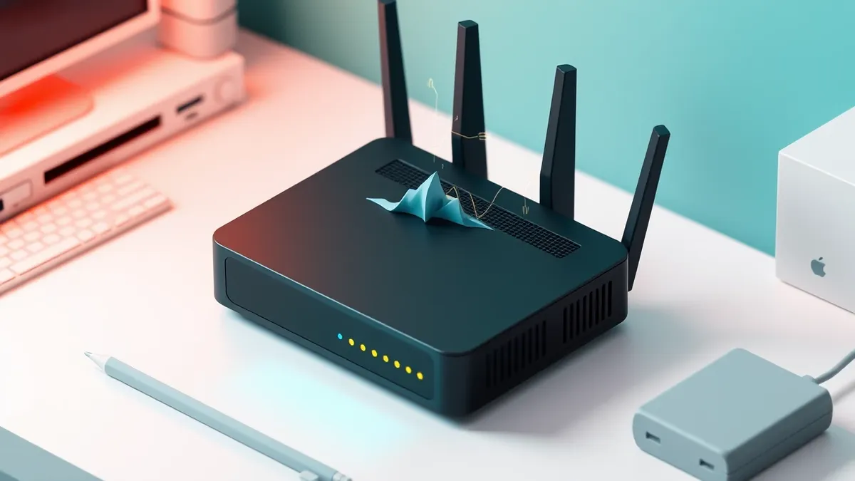 Illustration: A sleek black network router sits on a white desk.