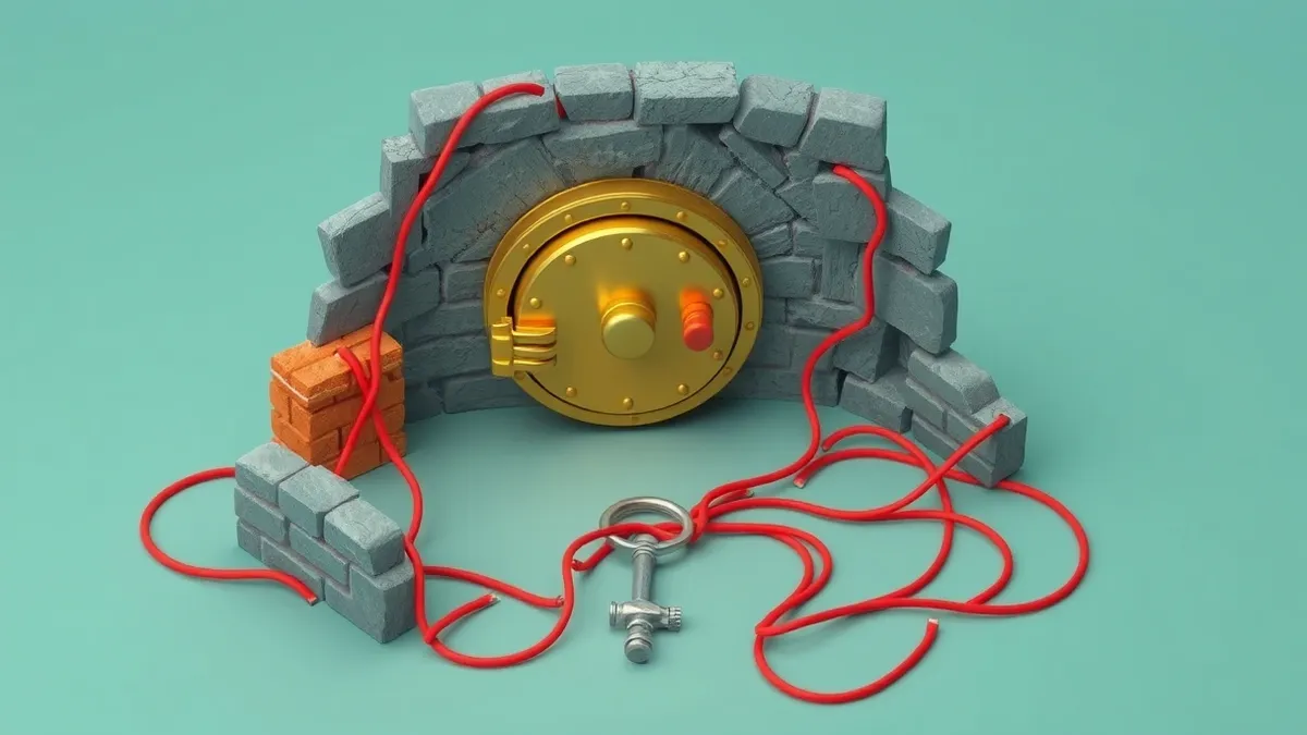 Illustration: A tangled web of thin red threads connects a small silver key to a large golden vault door set in a crumbling stone wall.