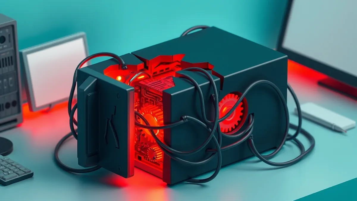 Illustration: A sleek black server box sits on a desk while abstract tangled wires wrap tightly around its sides.