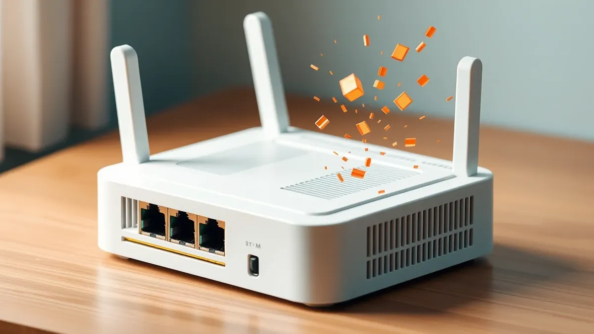 Illustration: A white consumer router sits on a wooden table, its ventilation slots and status lights visible.