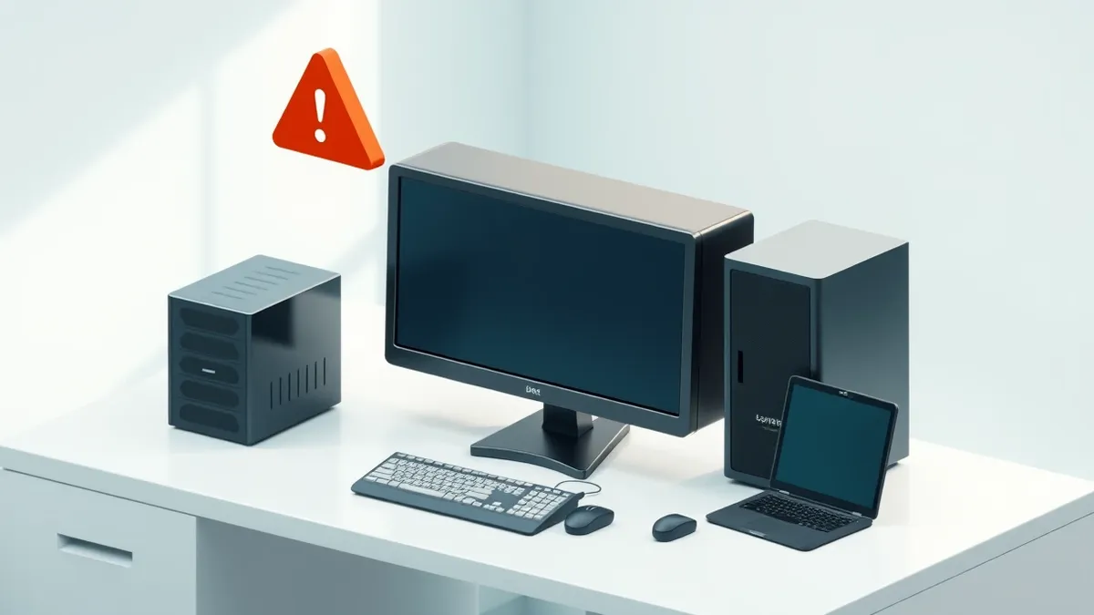 Illustration: A sleek black server console sits on a polished white desk, its blank screen reflecting soft overhead light.