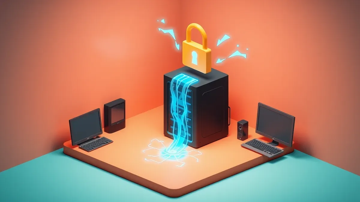 Illustration: A sleek black server unit sits in a clean room while a digital lock icon hovers above it, cracked and leaking glowing blue data streams that swirl around the hardware