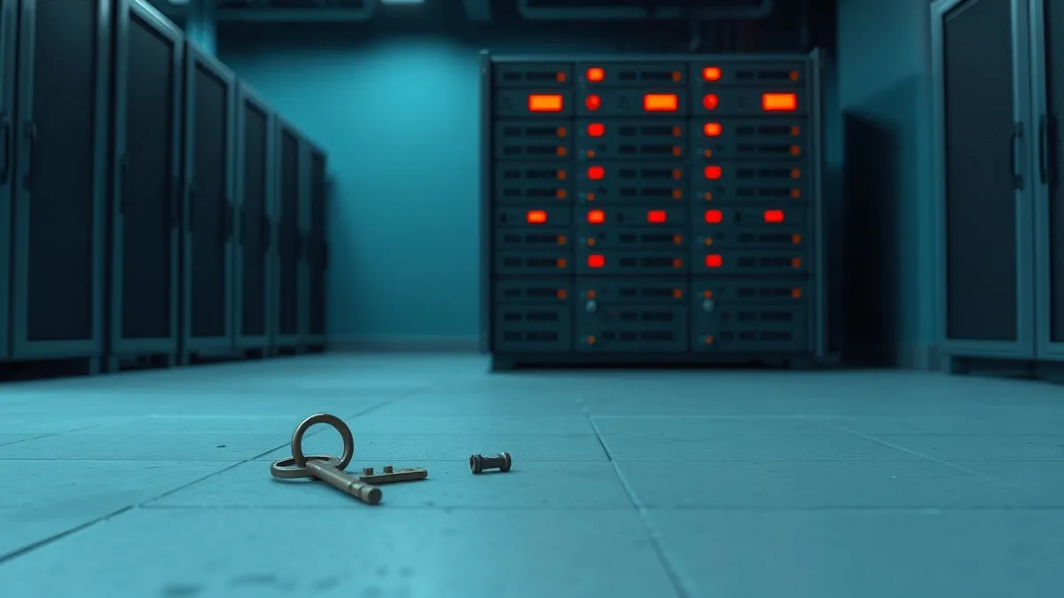 Illustration: A dark, empty server room with blinking red lights on a rack of black storage units.
