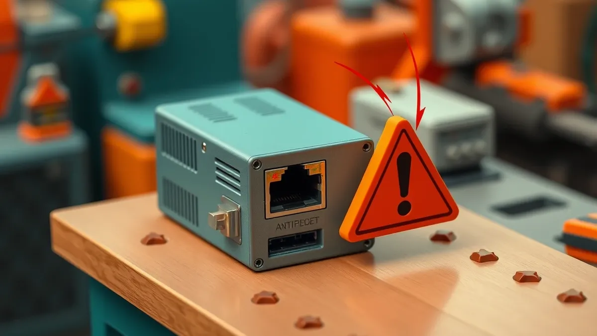 Illustration: A compact industrial Ethernet module sits on a workbench, its metal casing marked with ventilation slots and connection ports.
