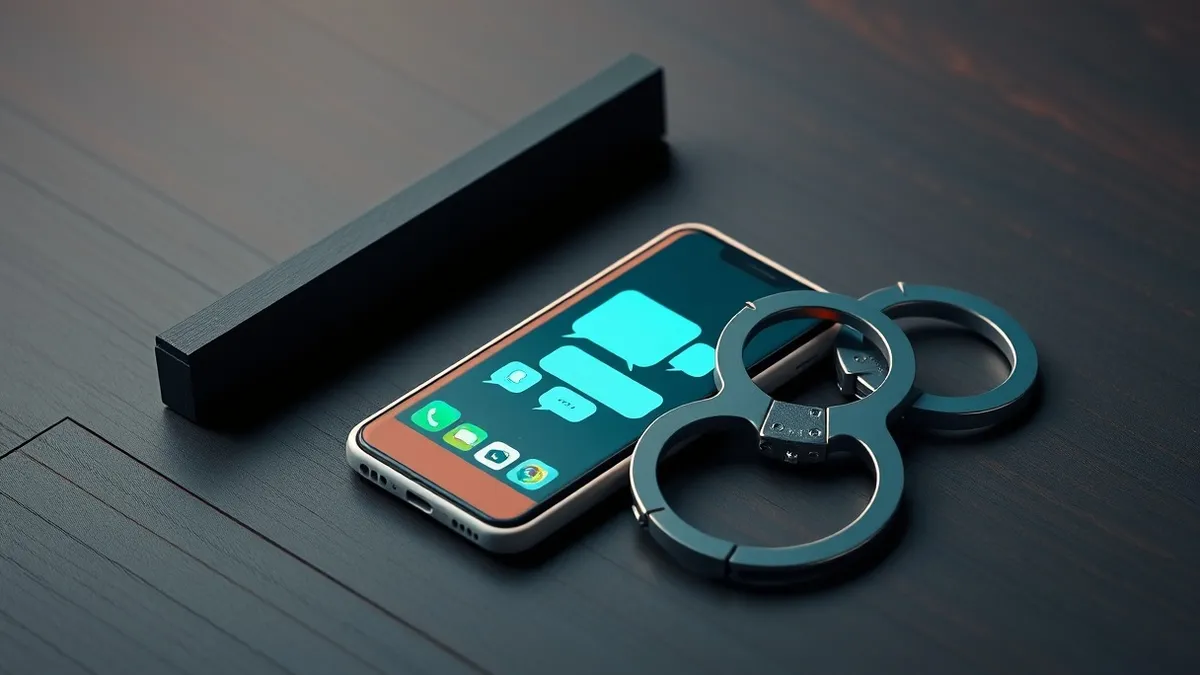 Illustration: A smartphone rests on a dark wooden table, its screen glowing with blank messaging app icons.