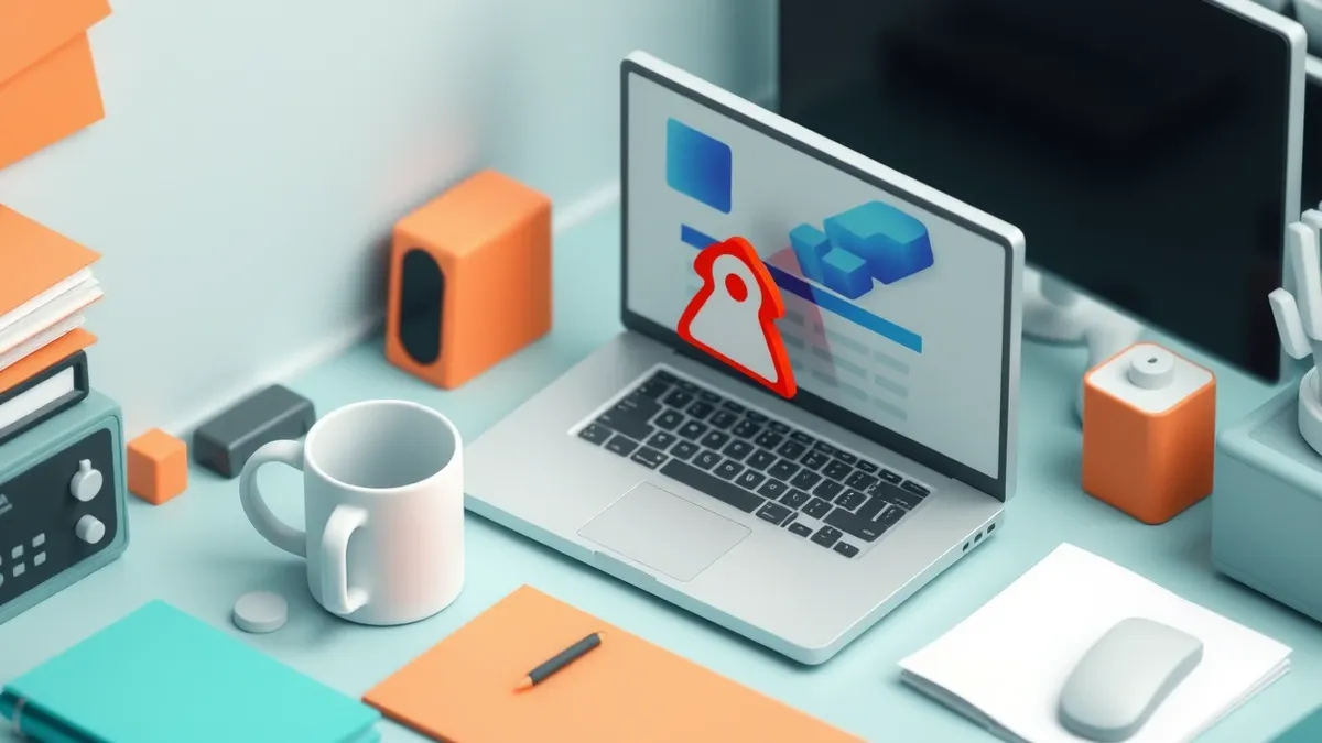 Illustration: A cluttered office desk features a white coffee mug beside a sleek silver laptop.