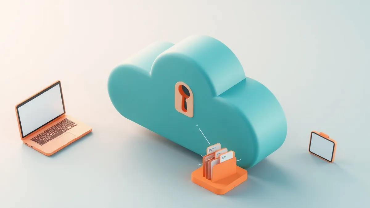 Illustration: A floating cloud icon displays a small keyhole and an open folder with exposed data files.
