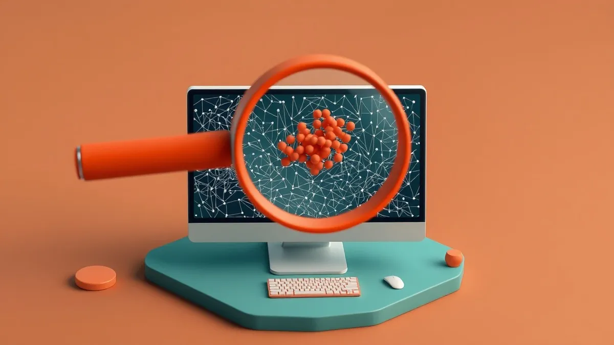 Illustration: A single computer monitor sits on a clean desk, displaying a dense stream of abstract white lines and geometric shapes against a dark background.