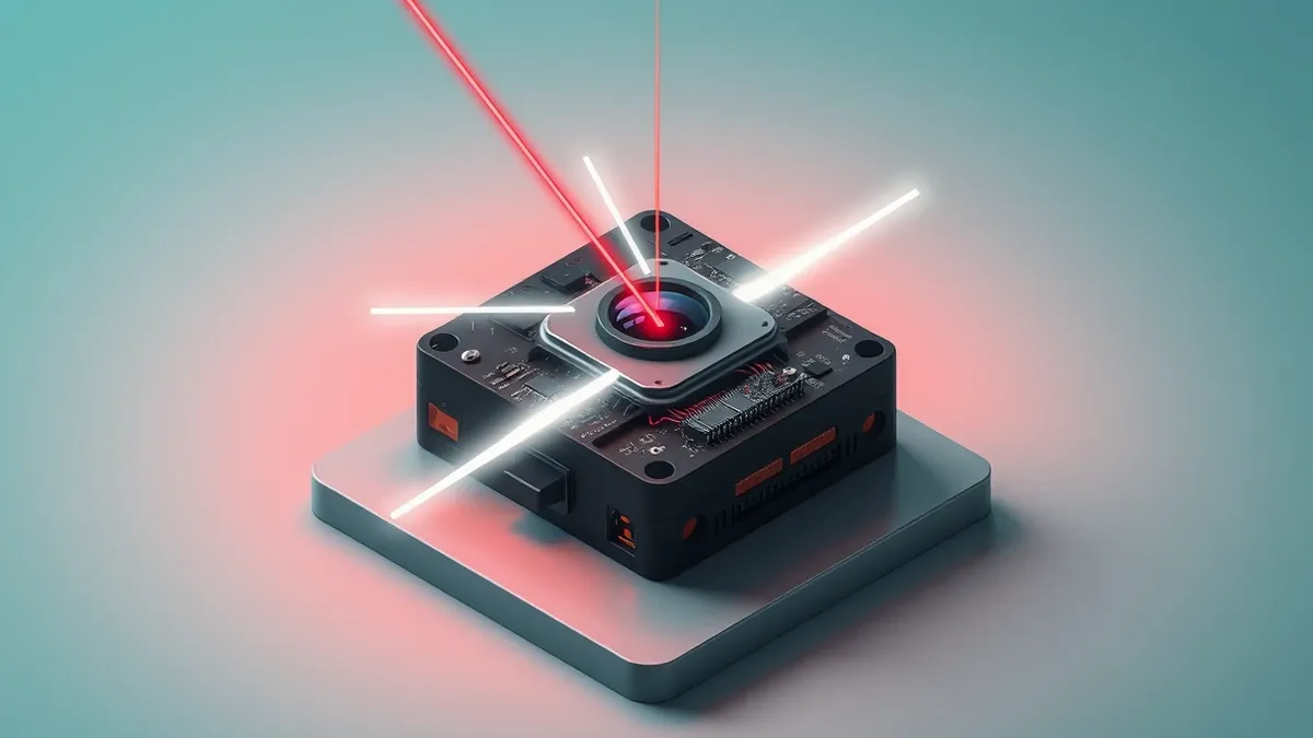 Illustration: A small black biometric camera module sits isolated on a plain gray surface.
