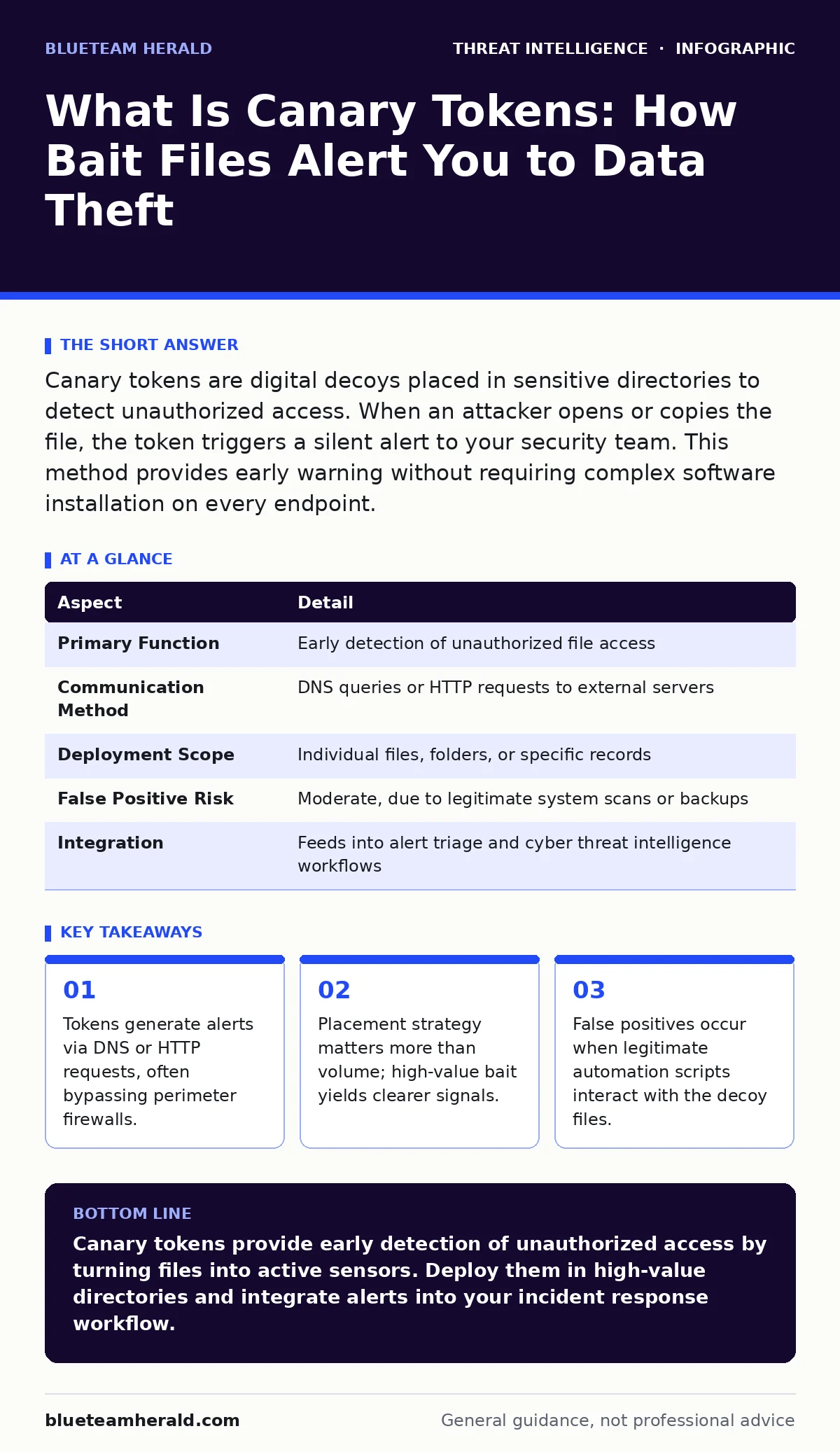 Infographic: What Is Canary Tokens: How Bait Files Alert You to Data Theft. Tokens generate alerts via DNS or HTTP requests, often bypassing perimeter firewalls. Placement strategy matters more than volume; high-value bait yields clearer signals. False positives occur when legitimate automation scri