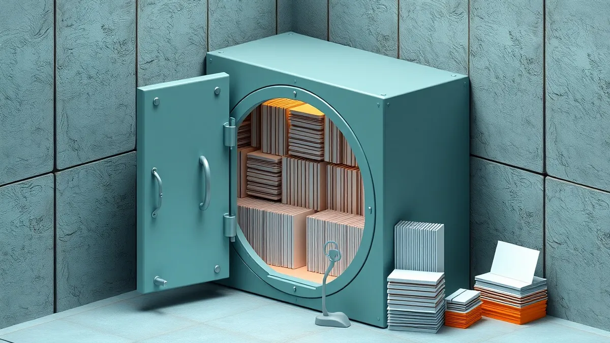 Illustration: A pristine steel vault stands sealed in a concrete room, its heavy door bolted shut against intruders.