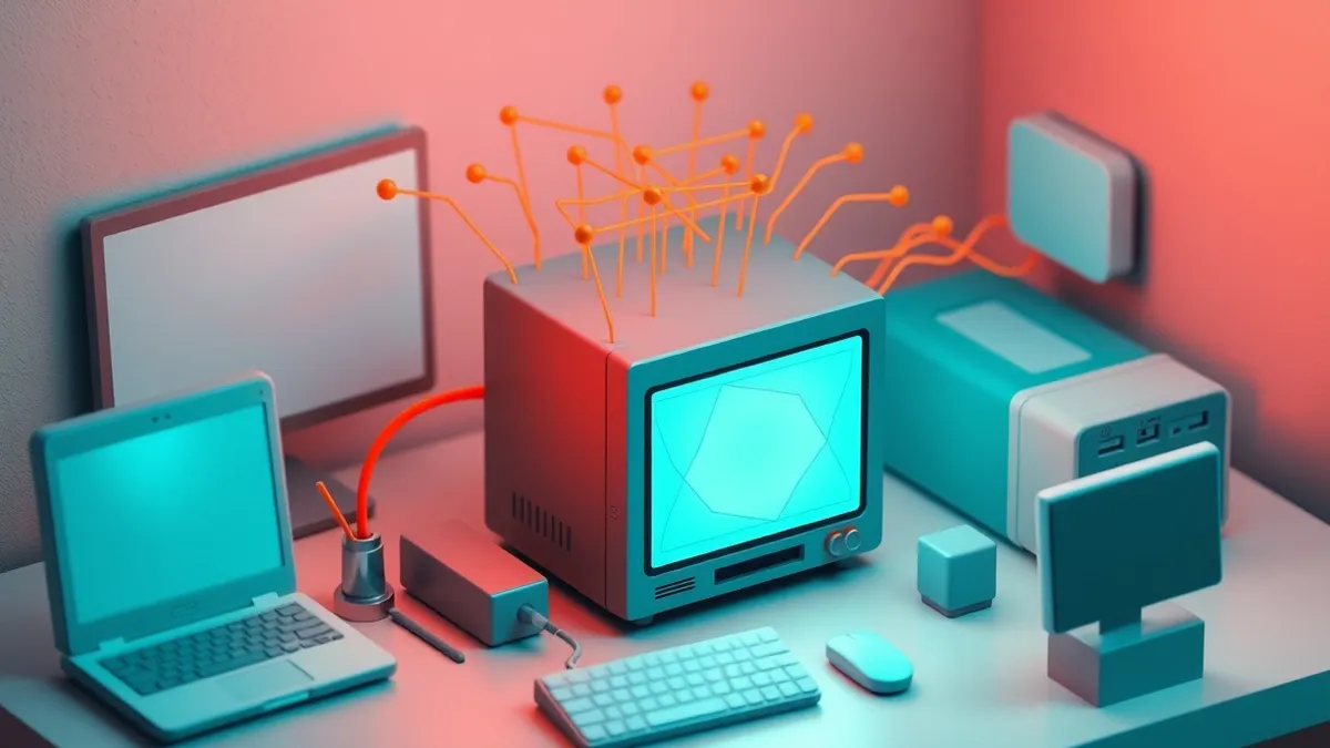 Illustration: A compact security appliance sits on a desk, its single blank display glowing with abstract geometric shapes.